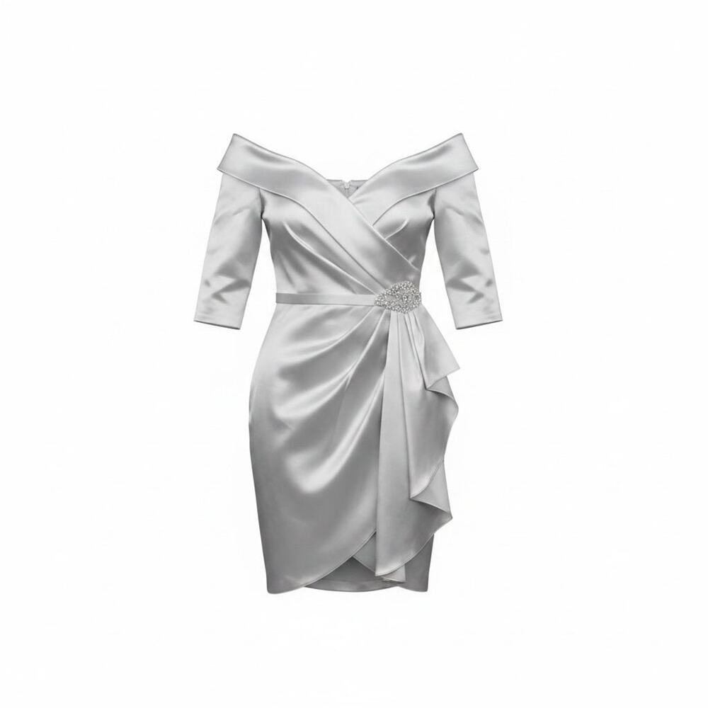 NWTGS LanTing Bridal SATIN SILVER OFF SHOULDERS EMBELLISHED DRESS SZ 8